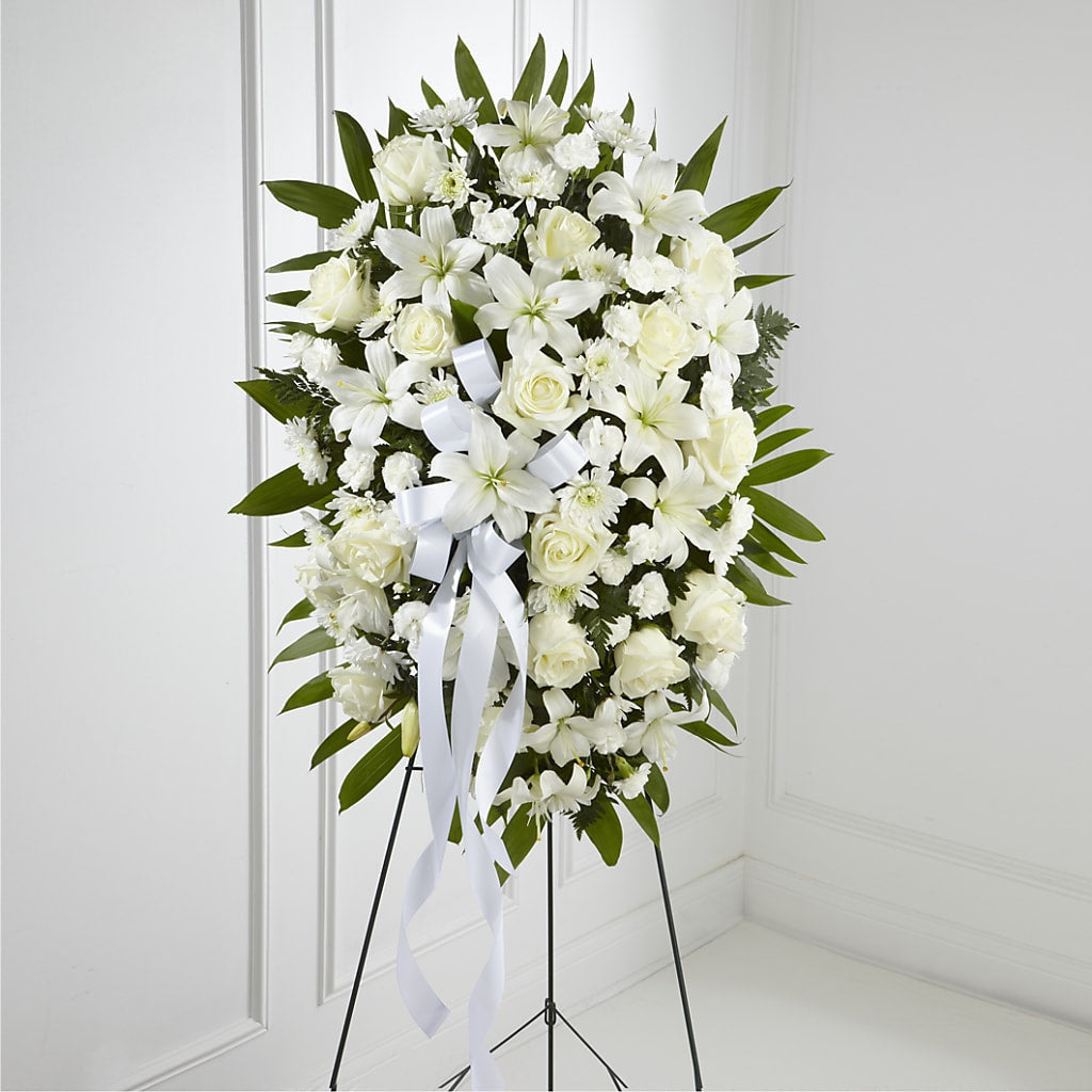 Exquisite Tribute Standing Spray-White Ribbon – Coquitlam Florist, Port Coquitlam BC