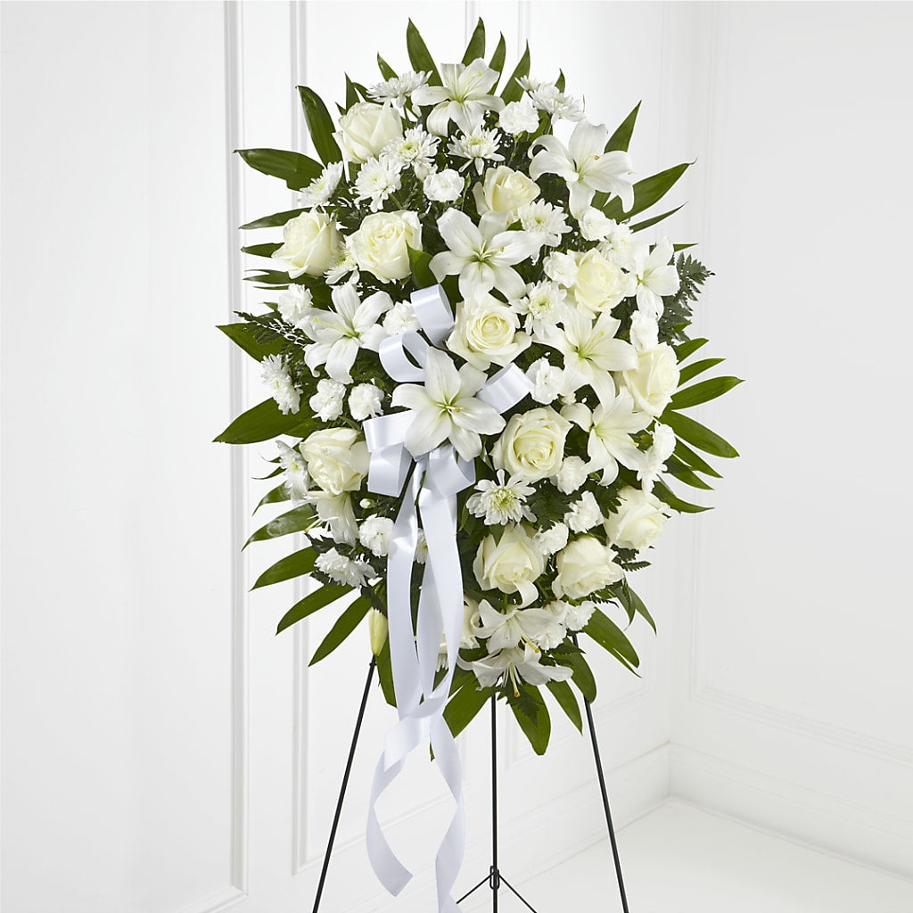 Exquisite Tribute Standing Spray-White Ribbon – Coquitlam Florist, Port Coquitlam BC